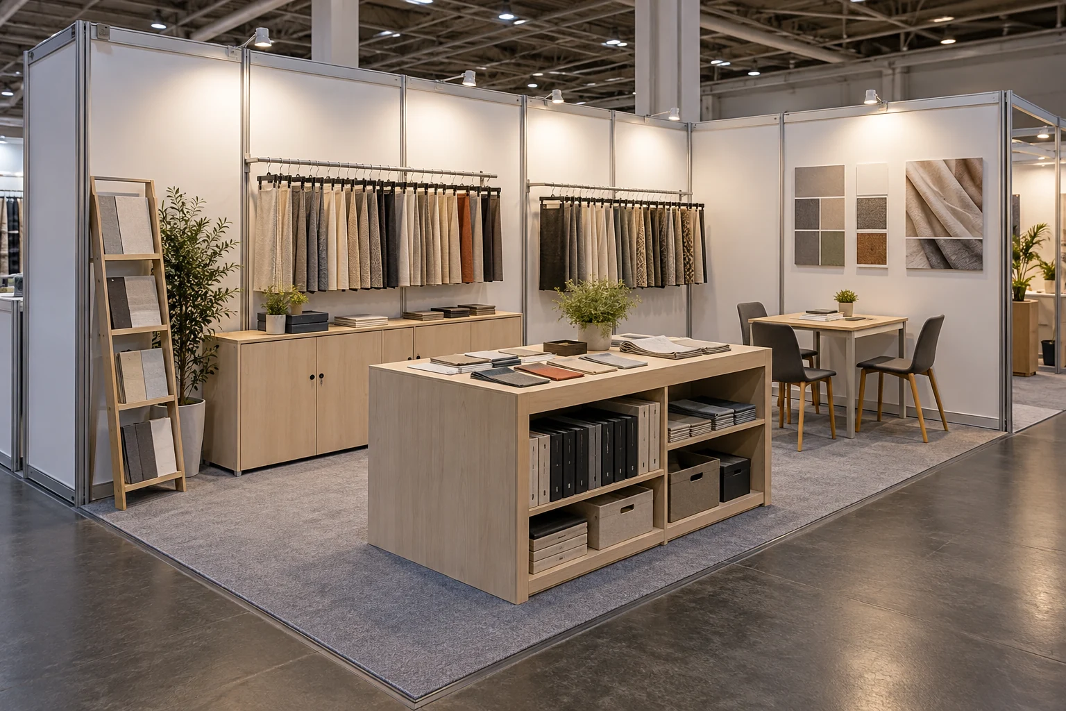 Riferimento per uno stand campioni 6×3 m con barre tessili, banco, mobili e tavolo