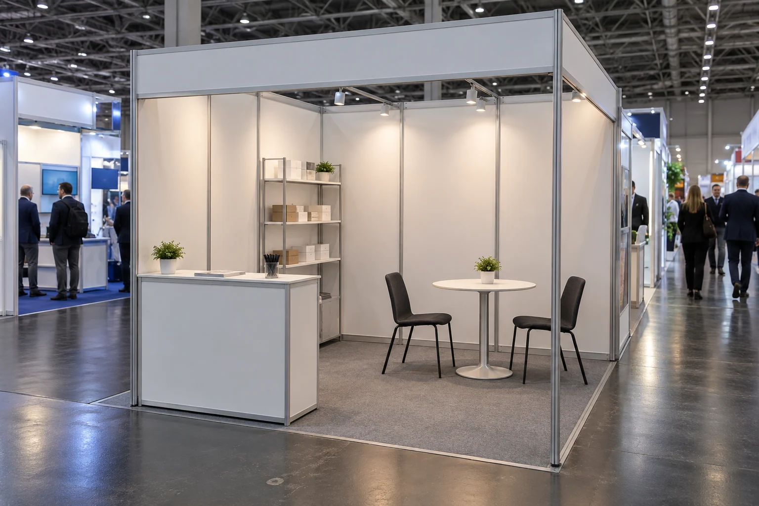 Riferimento per uno stand modulare 3×3 m con banco, tavolino e scaffale campioni