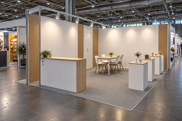 Riferimento per uno stand 6×3 m con pannelli semplici, espositori e tavolo per quattro
