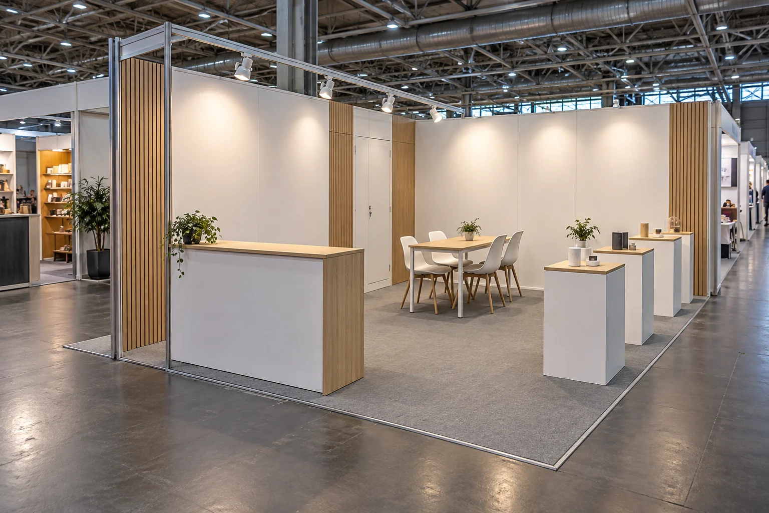 Riferimento per uno stand 6×3 m con pannelli semplici, espositori e tavolo per quattro